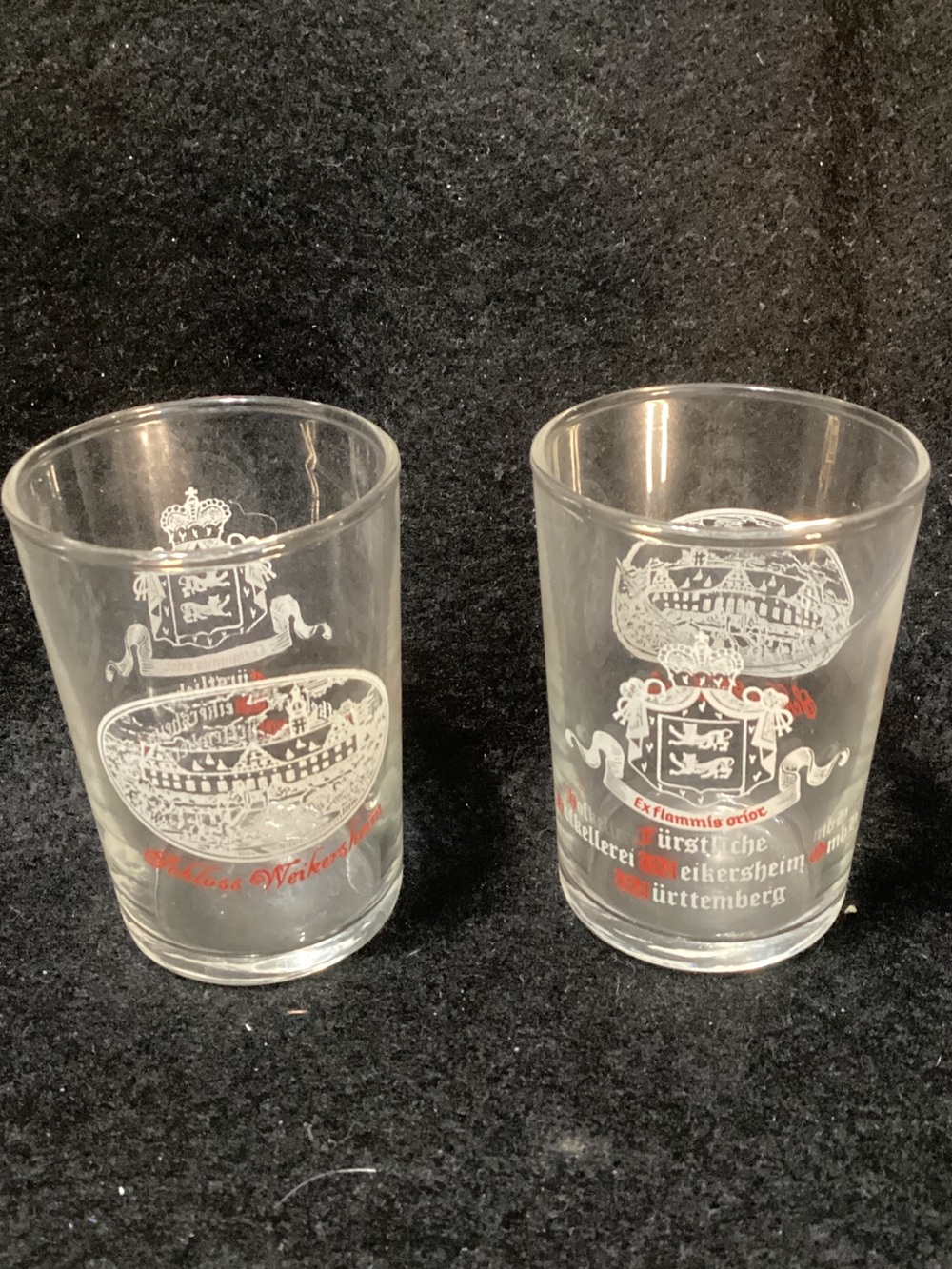 Set of 2 Crest Etched Shot Glasses Sohloss Weikersheim